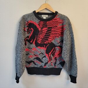 VTG 80s 90s Sir Beau Pegasus Sweater Small Pullover Crew Red Gray Acrylic Wool